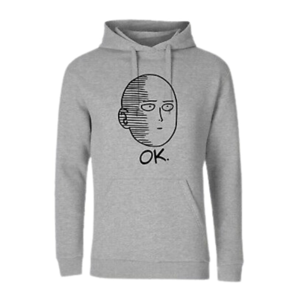 OK Saitama One Punch Man Hoodie Grey Long Sleeve Pocket Hood M